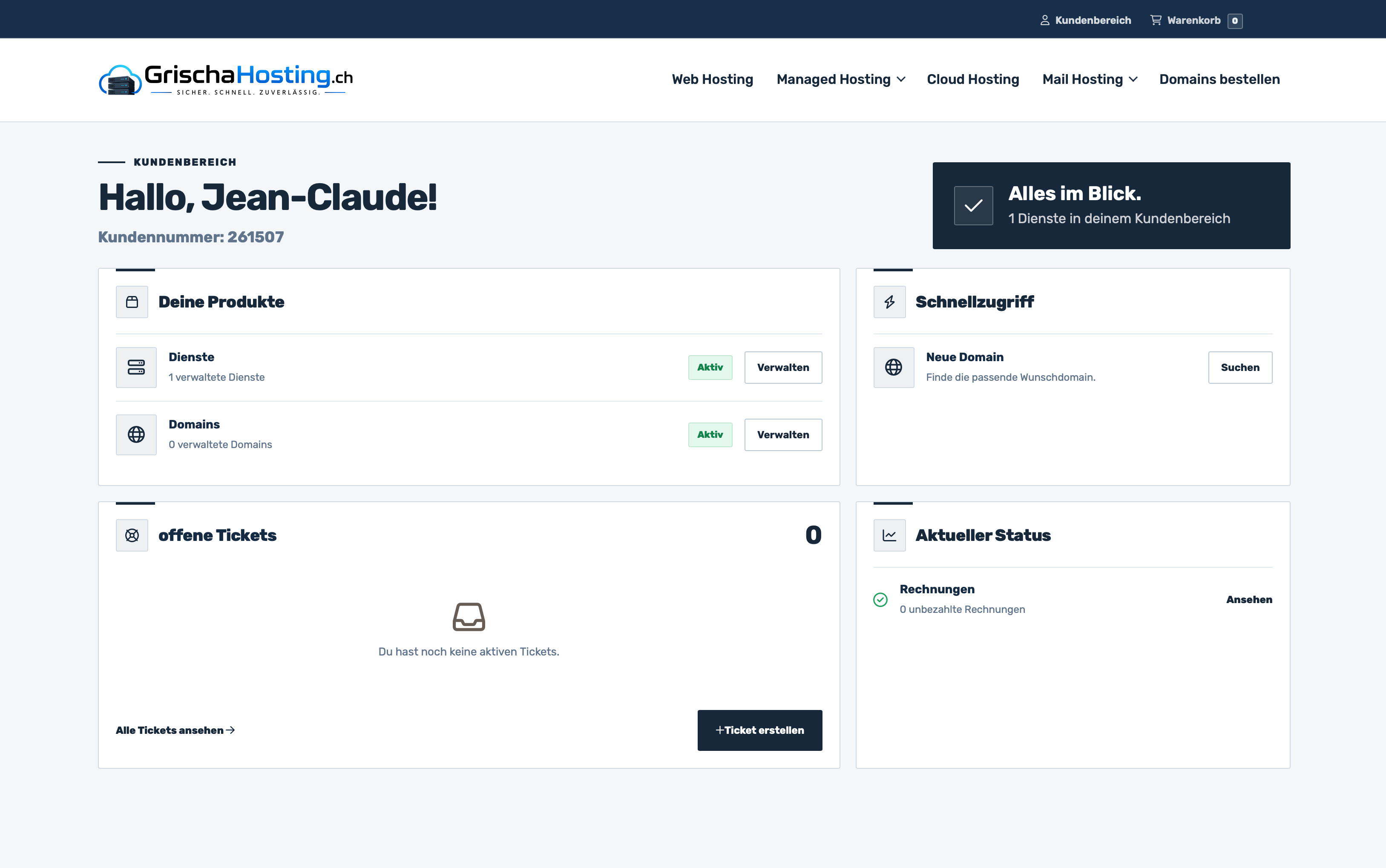 Kunden Dashboard bei GrischaHosting