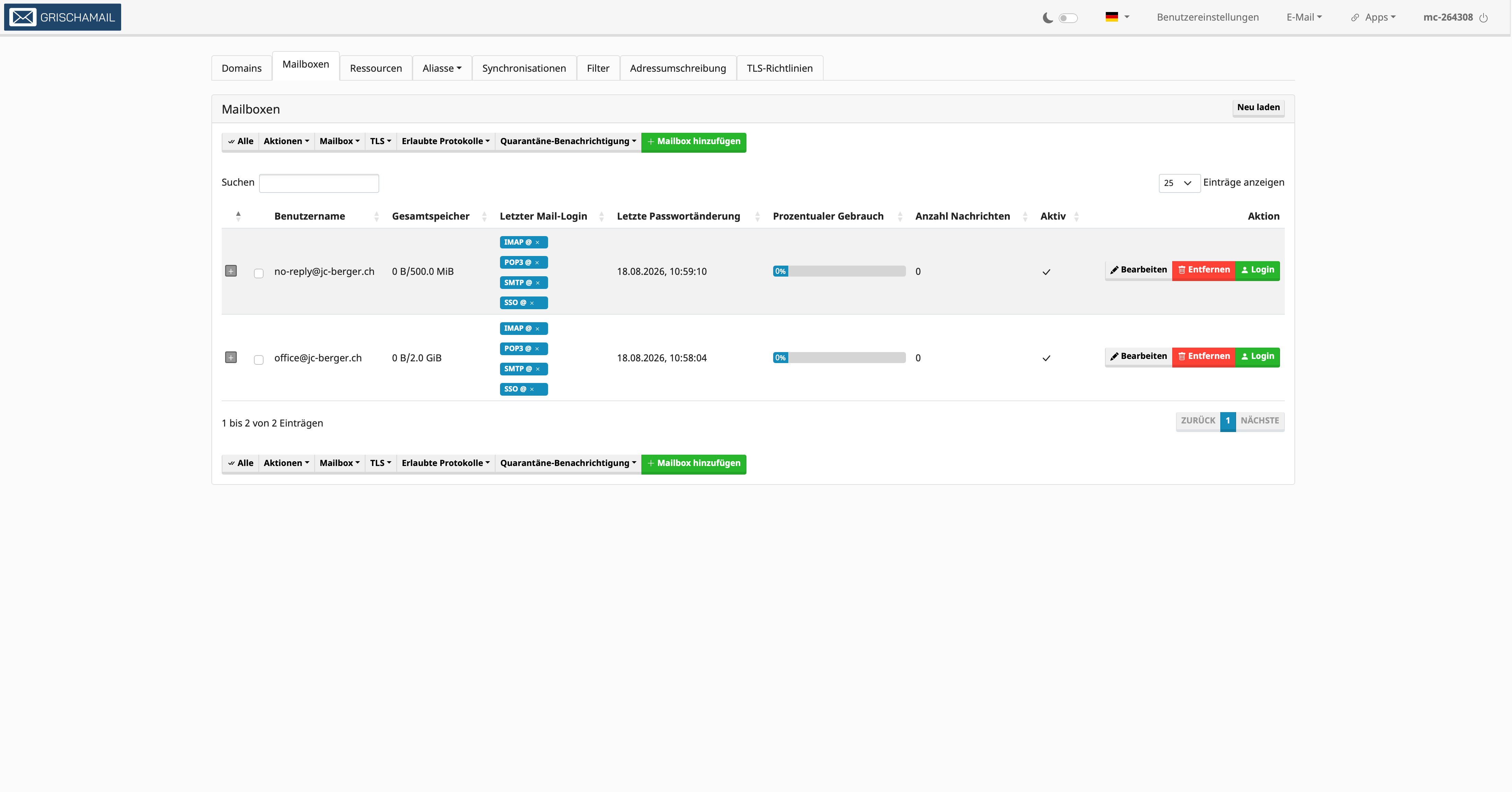 Mailbox Verwaltung in Mail Plus