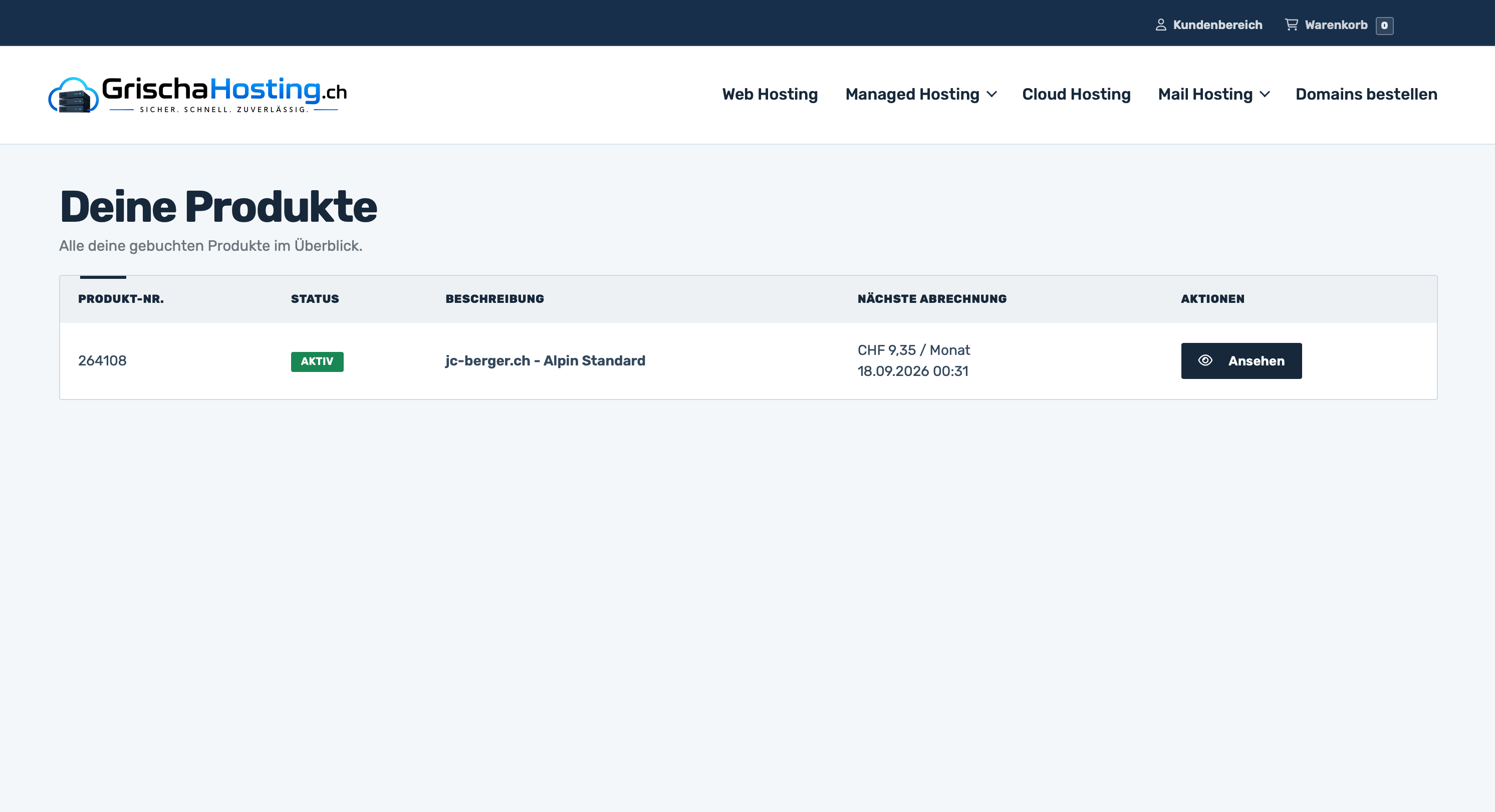 Produkte Verwaltung bei GrischaHosting